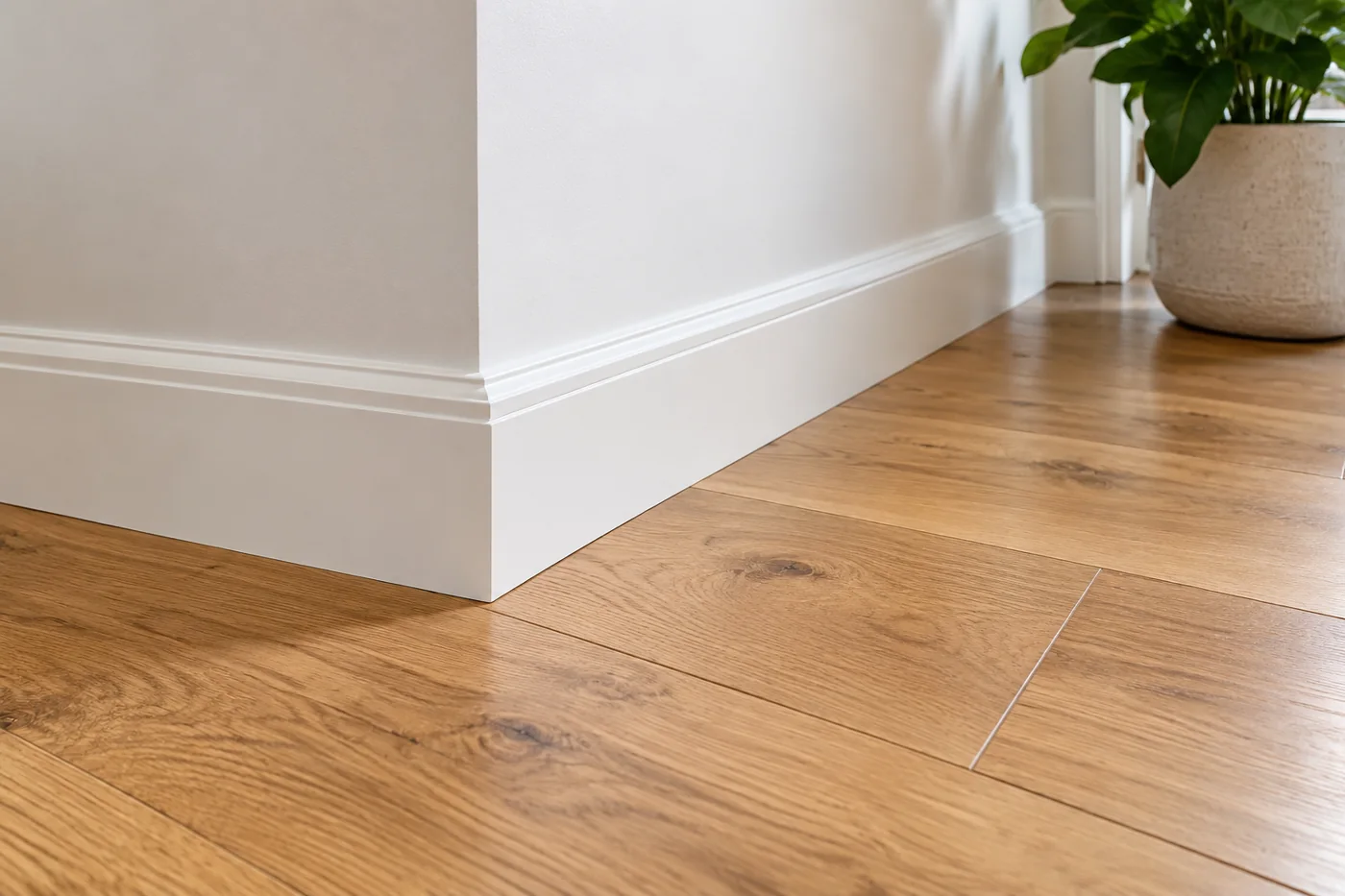 White skirting board fitted against oak flooring